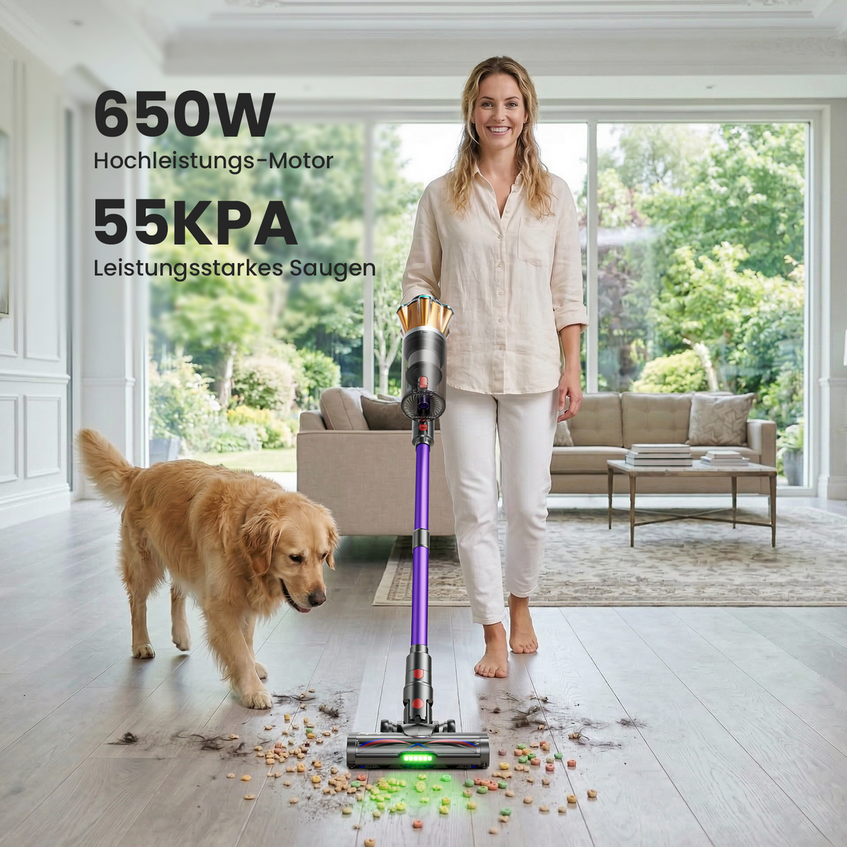 Cordless Vacuum Cleaner 650 W/ 55kPa /70 Min, 1.8 L Battery Vacuum Cleaner with Hurricane Mode, Anti-Tangle Brush, Self-Standing, OLED Display, Wall Charging Station, for Carpets Pet Hair Hard